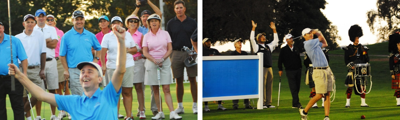 Two images of people playing golf, including Tiger Woods.