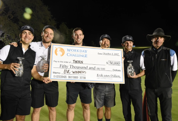 Five men holding a large prize check for $25,000.