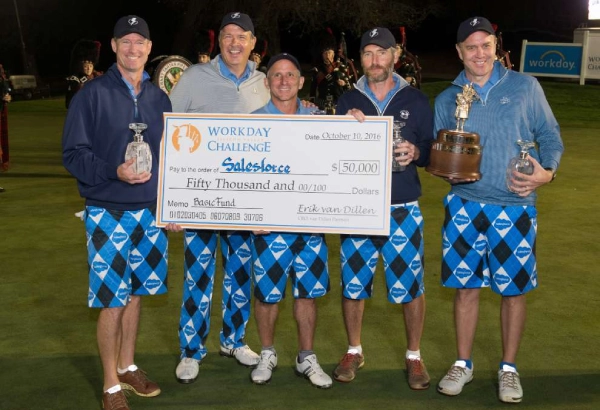 Four men in matching argyle shorts holding trophies and a giant check.